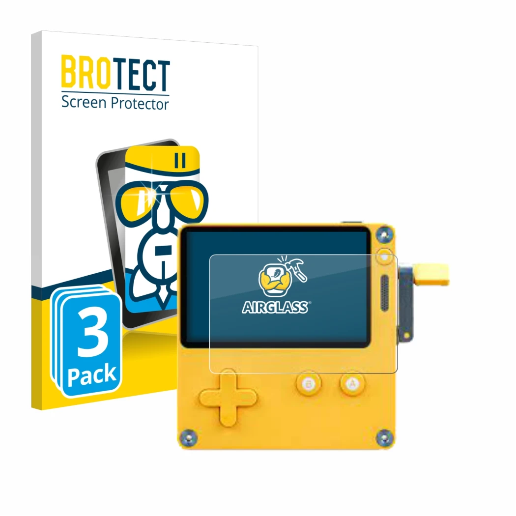 Vorderseite einer Produktverpackung mit dem Markenlogo BROTECT. Daneben ist das Gerät Panic Playdate mit dem zugehörigen Displ