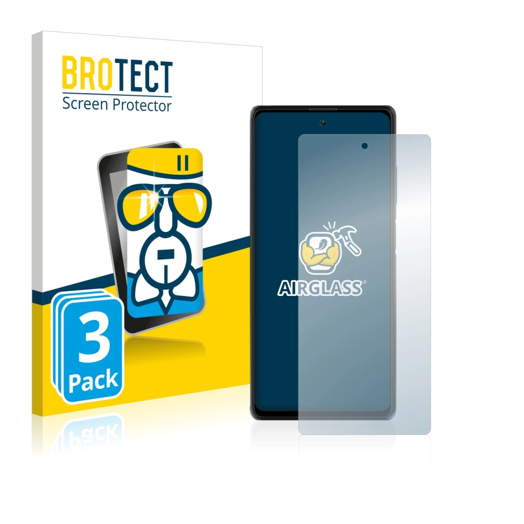 Vorderseite einer Produktverpackung mit dem Markenlogo BROTECT. Daneben ist das Gerät Blackview A100 mit dem zugehörigen Displ