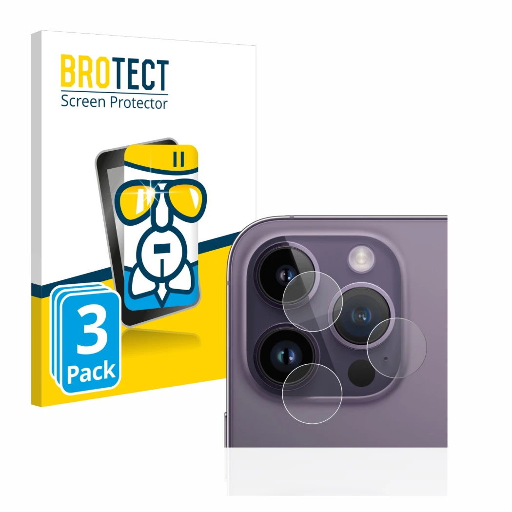 Vorderseite einer Produktverpackung mit dem Markenlogo BROTECT. Daneben ist das Gerät Apple iPhone 14 Pro (NUR Kameraschutz) m
