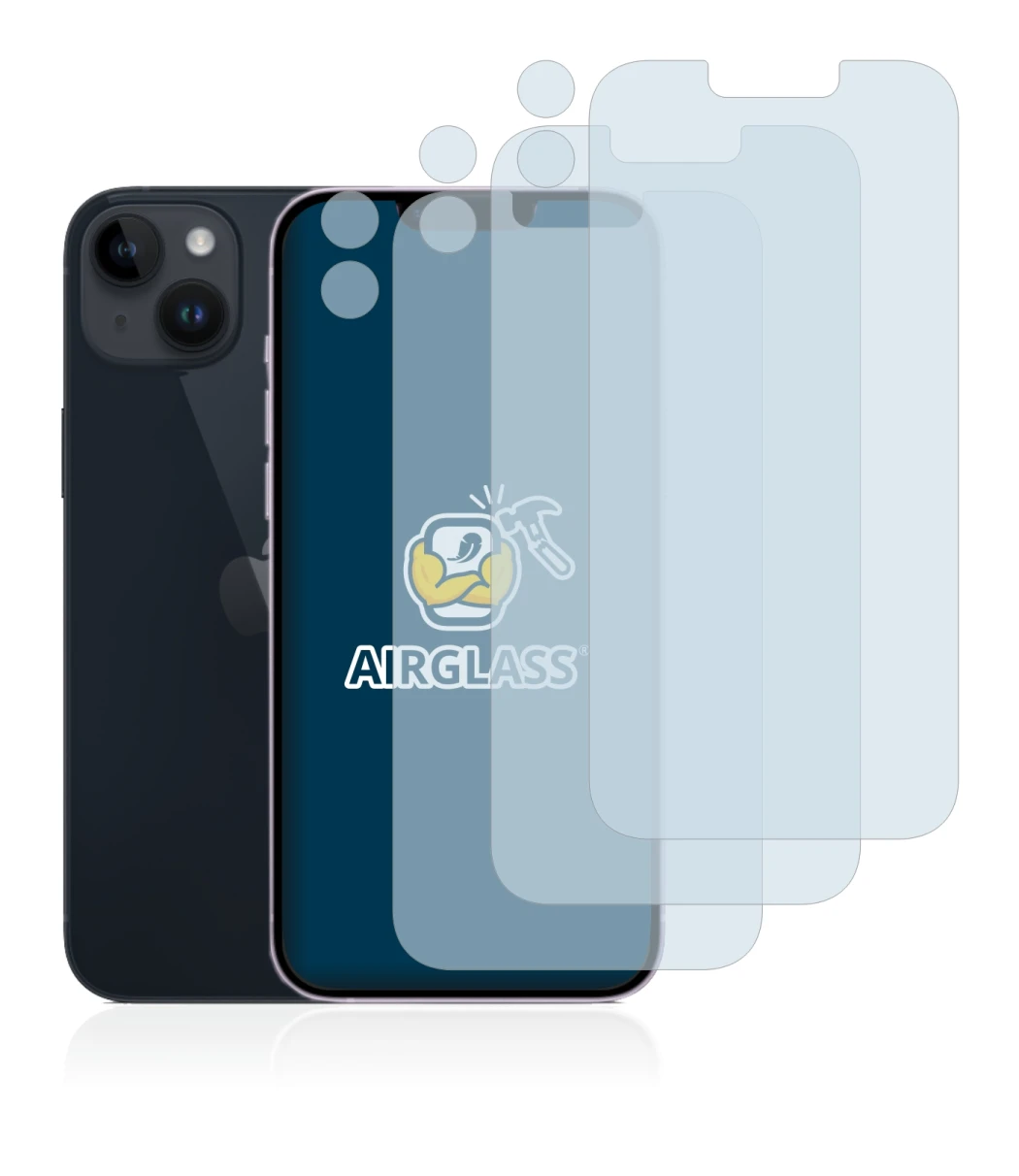 Abbildung des Geräts Apple iPhone 14 Plus (Display+Kamera) mit einer Vielzahl des Displayschutzes.