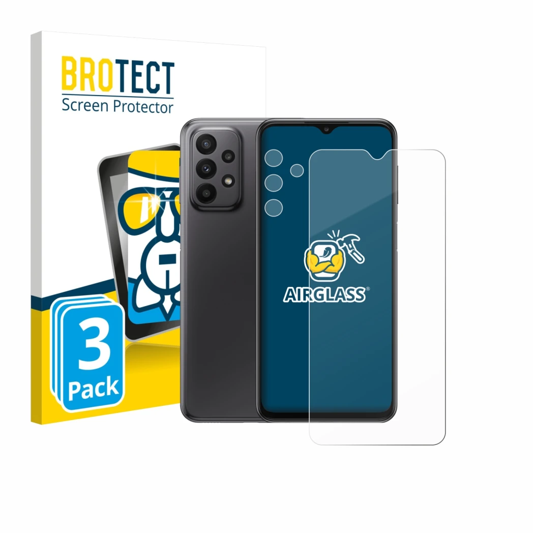 Vorderseite einer Produktverpackung mit dem Markenlogo BROTECT. Daneben ist das Gerät Samsung Galaxy A23 5G (Display+Kamera) m