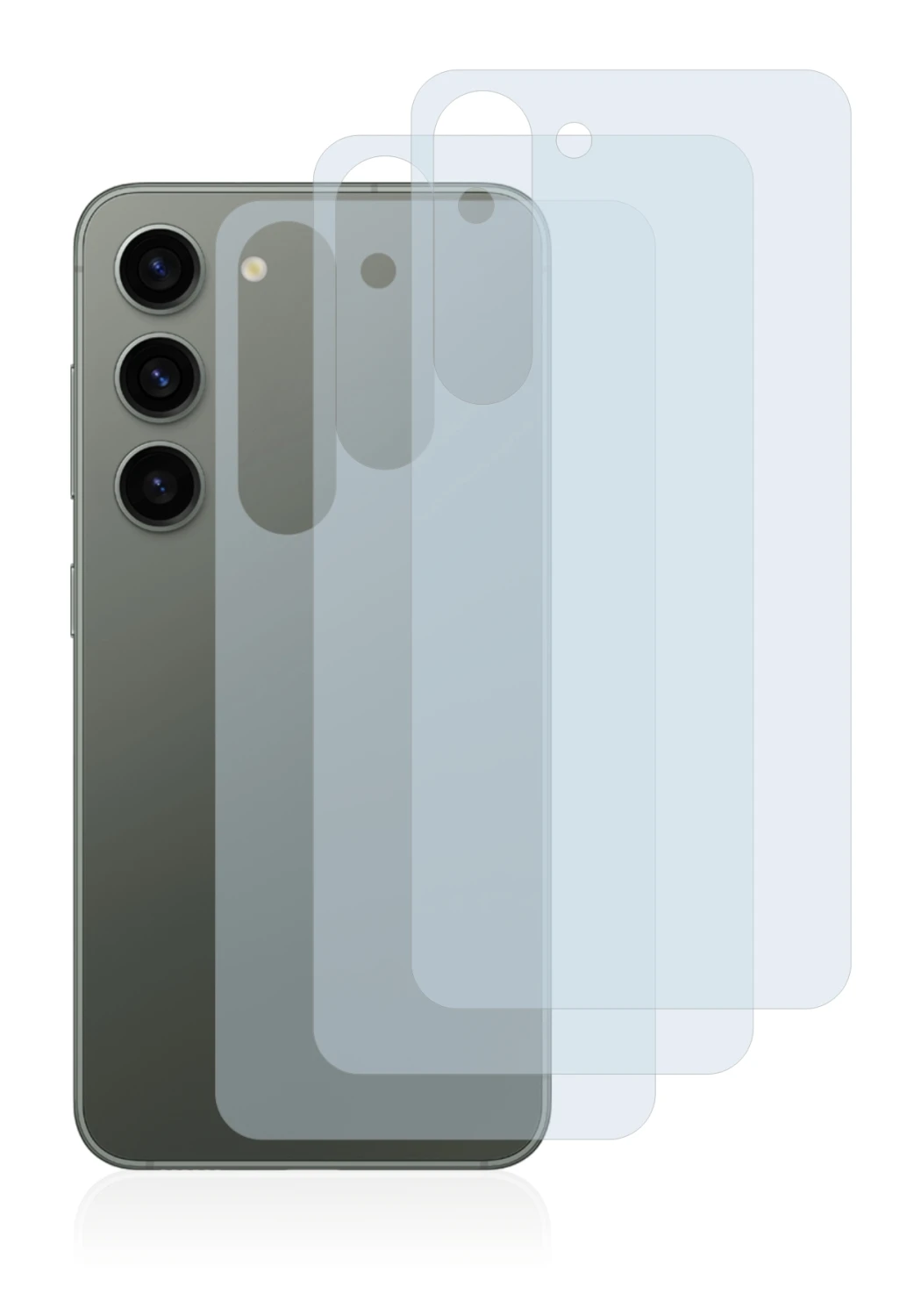Abbildung des Geräts Samsung Galaxy S23 (Rückseite) mit einer Vielzahl des Displayschutzes.