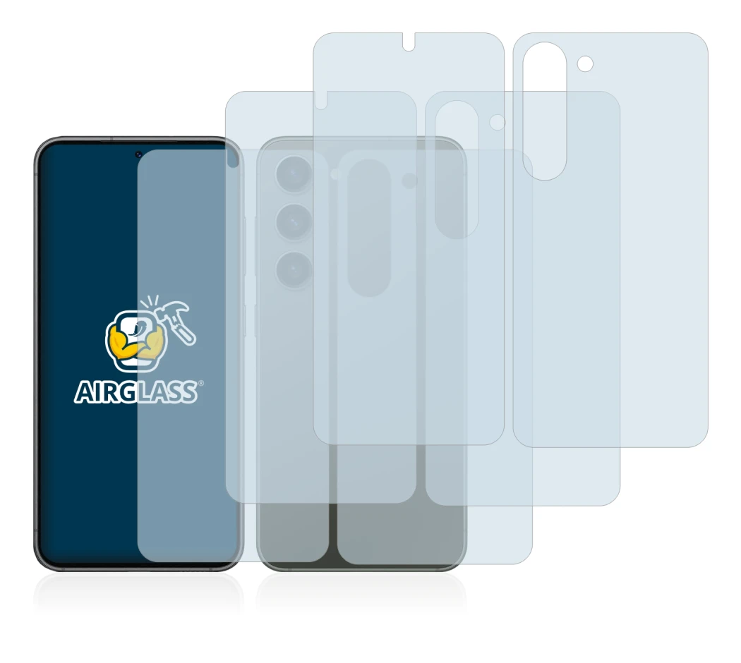Abbildung des Geräts Samsung Galaxy S23 (Display+Rückseite) mit einer Vielzahl des Displayschutzes.