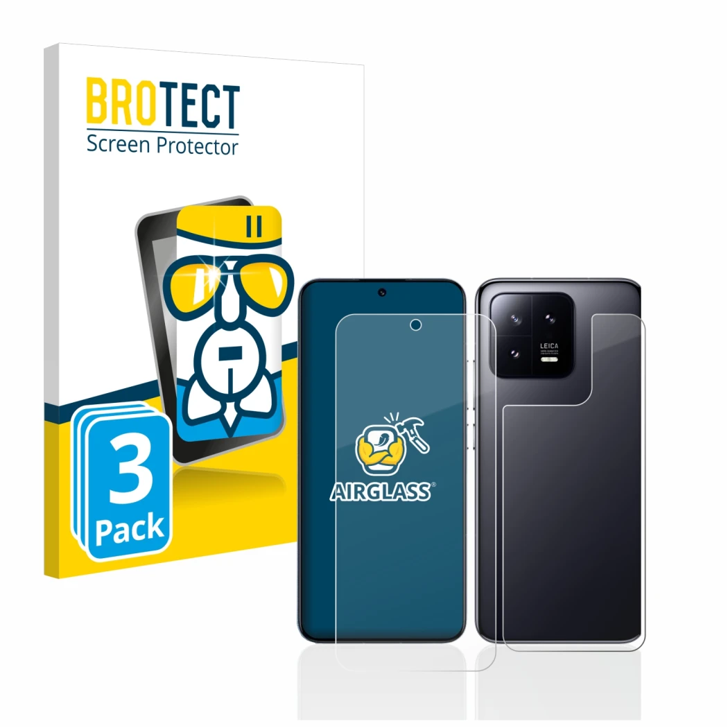 Vorderseite einer Produktverpackung mit dem Markenlogo BROTECT. Daneben ist das Gerät Xiaomi 13 (Display+Rückseite) mit dem zu