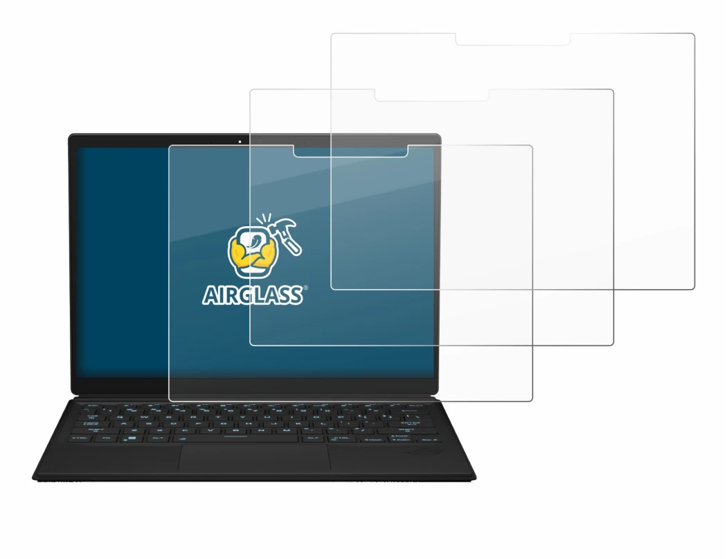 Abbildung des Geräts ASUS ROG Flow Z13 2023 mit einer Vielzahl des Displayschutzes.