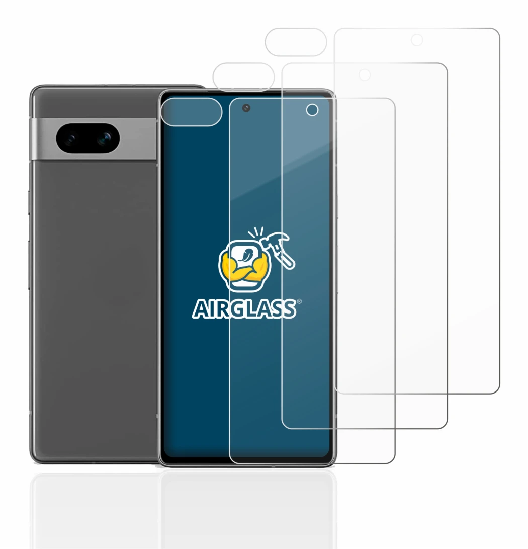 Abbildung des Geräts Google Pixel 7a (Display+Kamera) mit einer Vielzahl des Displayschutzes.