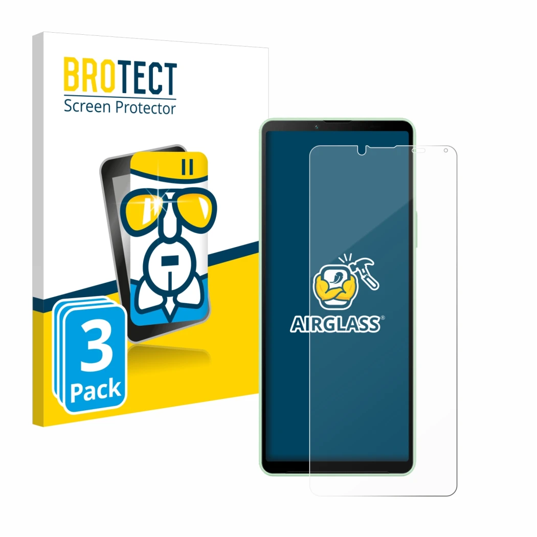 Vorderseite einer Produktverpackung mit dem Markenlogo BROTECT. Daneben ist das Gerät Sony Xperia 10 V mit dem zugehörigen Dis