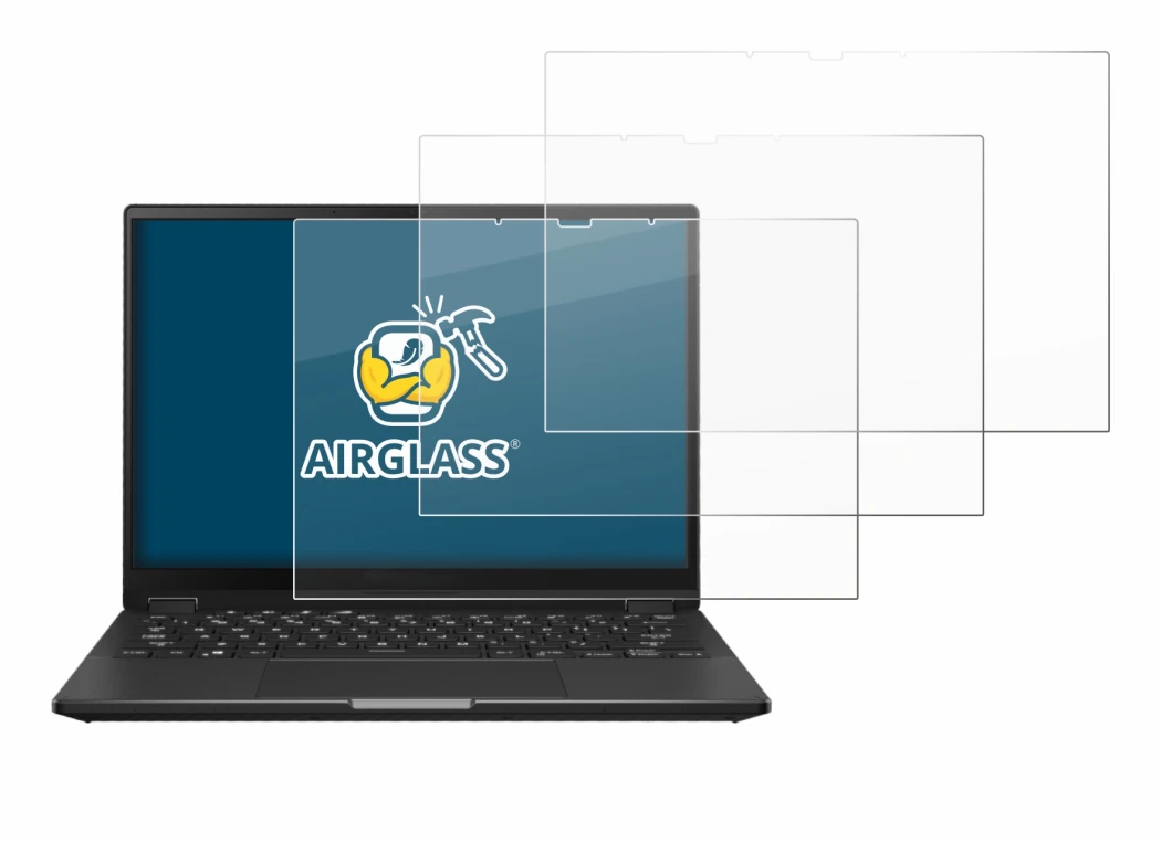 Abbildung des Geräts ASUS ROG Flow X13 2023 mit einer Vielzahl des Displayschutzes.