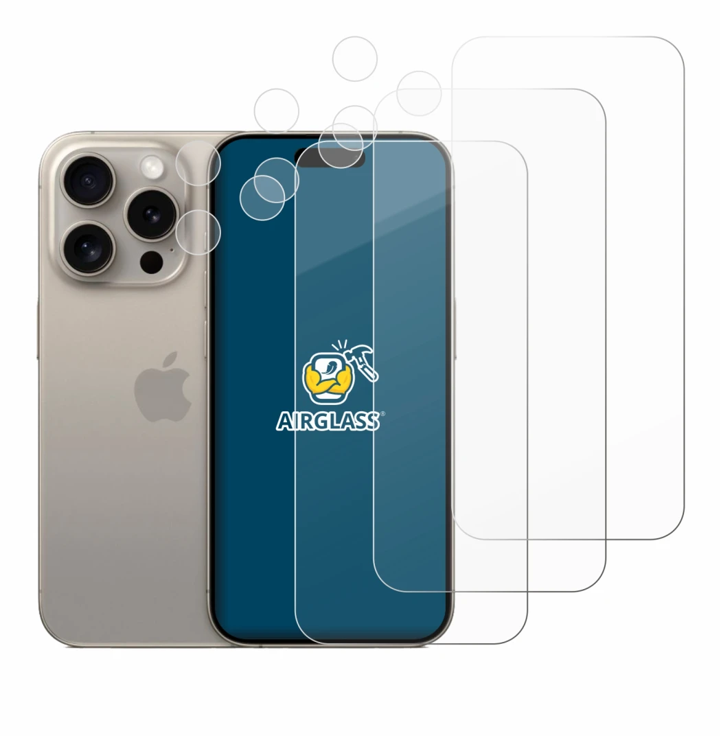 Abbildung des Geräts Apple iPhone 15 Pro (Display+Kamera) mit einer Vielzahl des Displayschutzes.