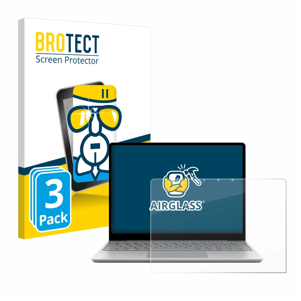 Vorderseite einer Produktverpackung mit dem Markenlogo BROTECT. Daneben ist das Gerät Microsoft Surface Laptop Go 3 Business m