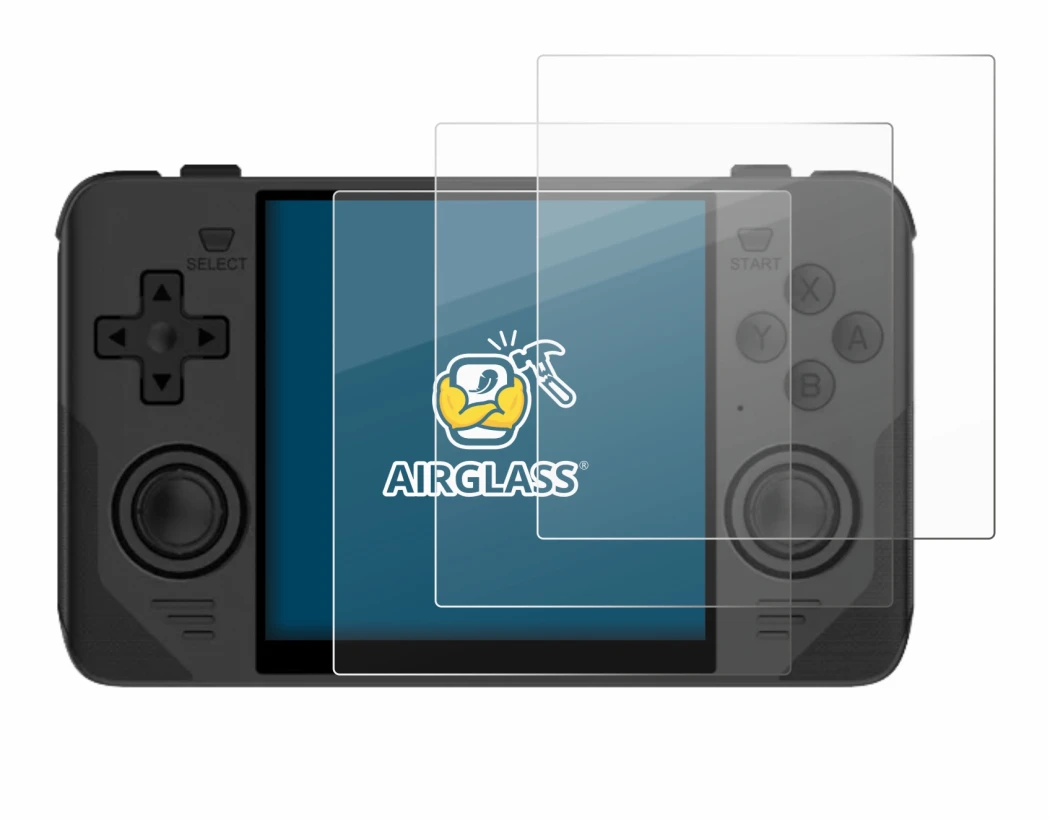 Abbildung des Geräts Powkiddy RGB30 mit einer Vielzahl des Displayschutzes.