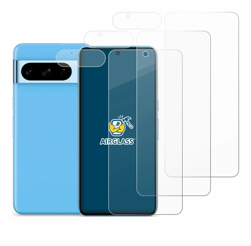 Abbildung des Geräts Google Pixel 8 Pro (Display+Kamera) mit einer Vielzahl des Displayschutzes.