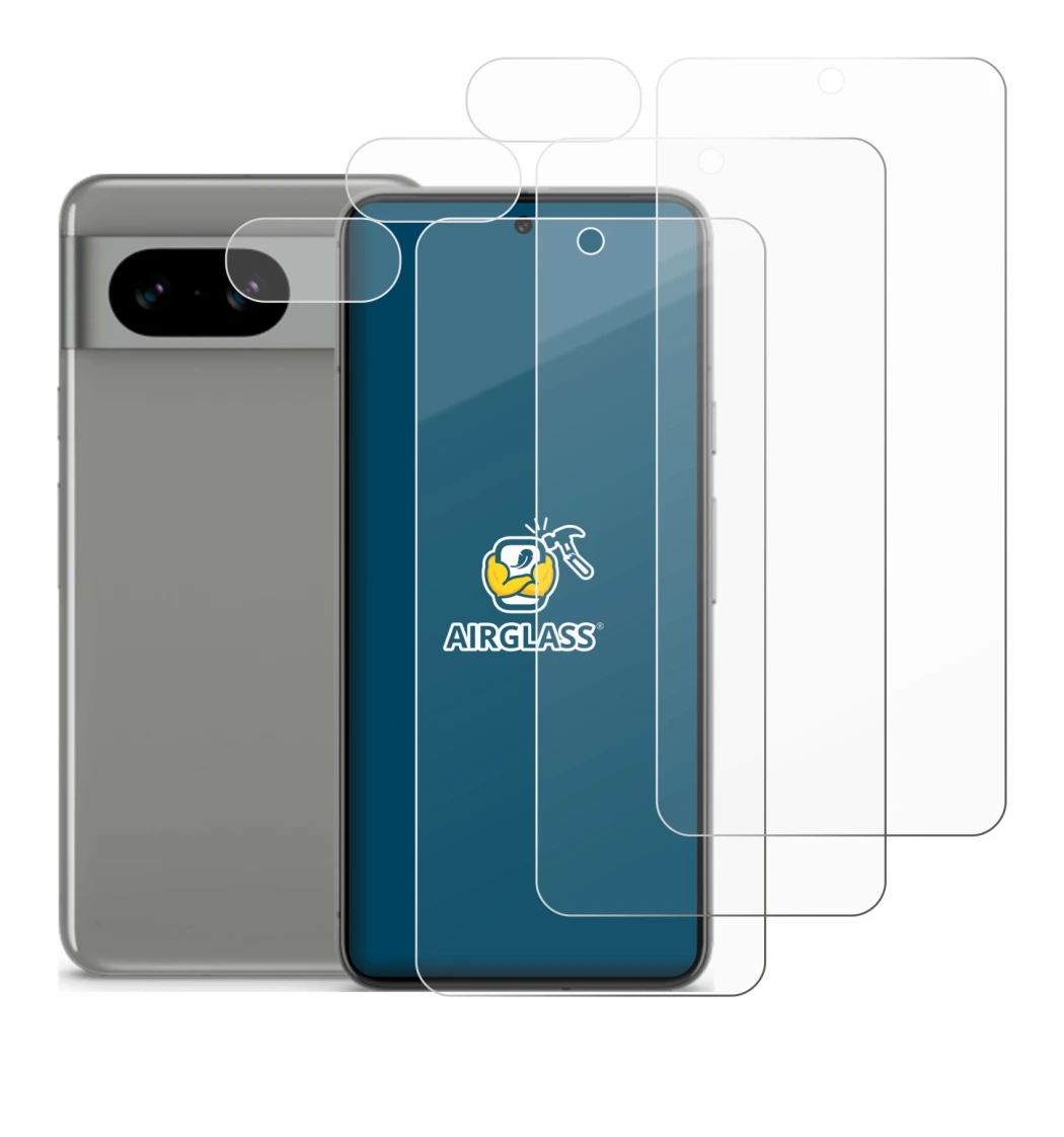 Abbildung des Geräts Google Pixel 8 (Display+Kamera) mit einer Vielzahl des Displayschutzes.