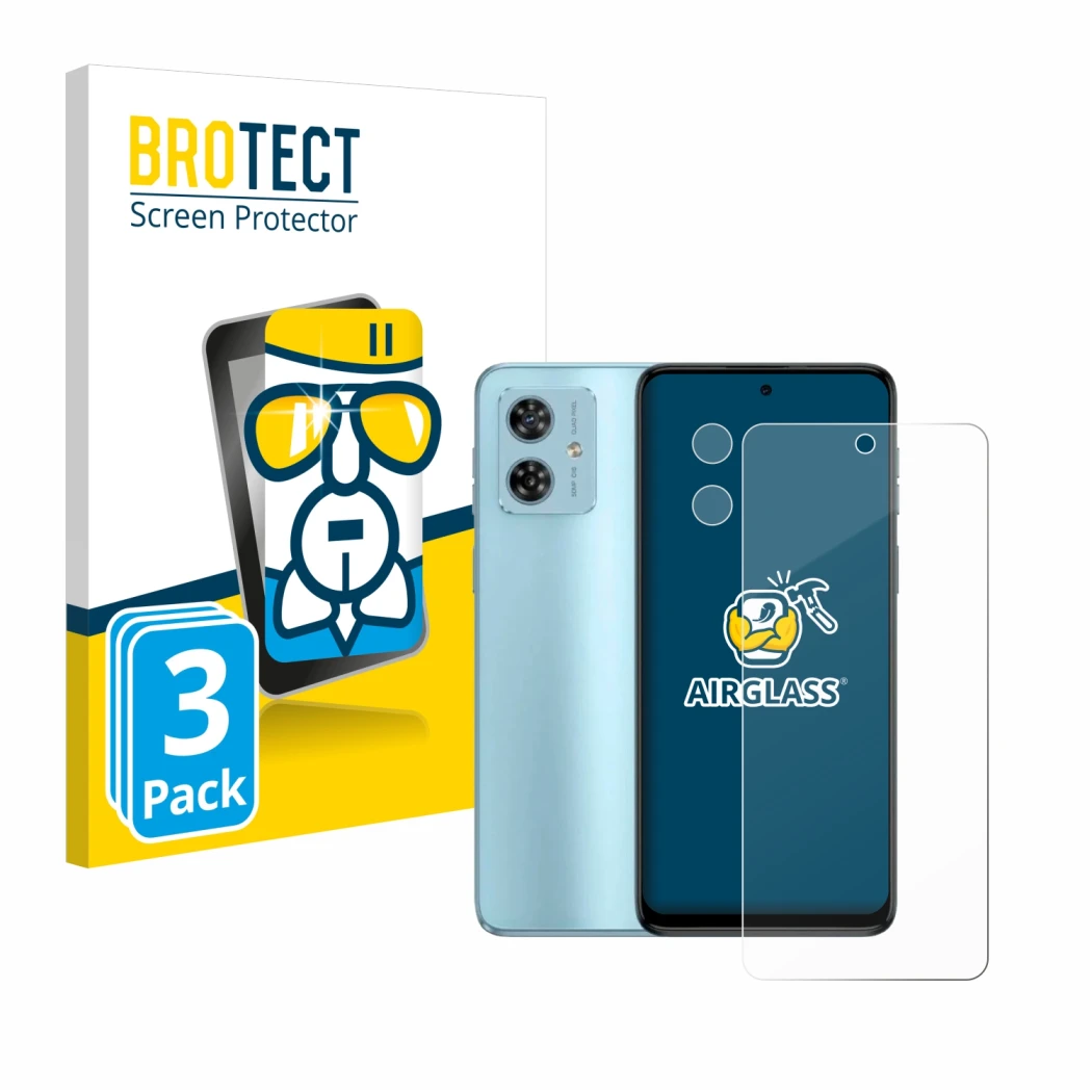 Vorderseite einer Produktverpackung mit dem Markenlogo BROTECT. Daneben ist das Gerät Motorola Moto G54 (Display+Kamera) mit d