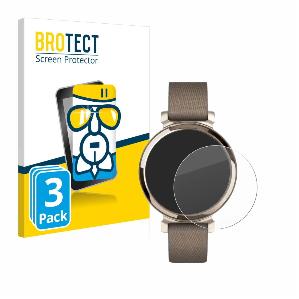 Vorderseite einer Produktverpackung mit dem Markenlogo BROTECT. Daneben ist das Gerät Garmin Lily 2 mit dem zugehörigen Displa