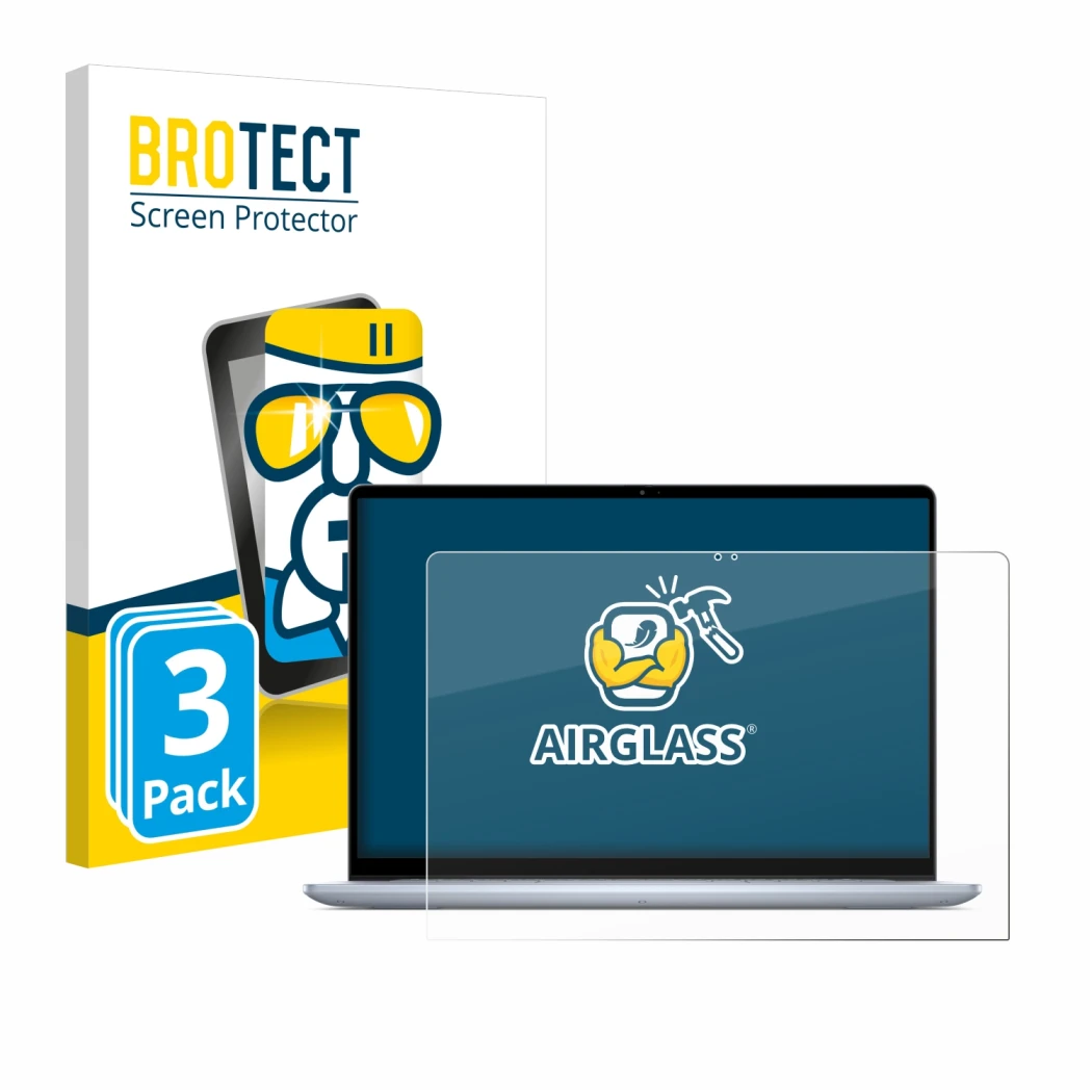 Vorderseite einer Produktverpackung mit dem Markenlogo BROTECT. Daneben ist das Gerät Dell Inspiron 16 7640 2-in-1 mit dem zug