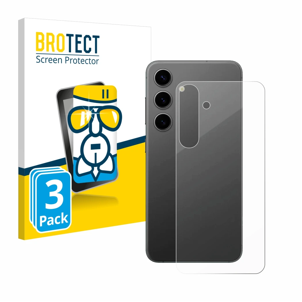 Vorderseite einer Produktverpackung mit dem Markenlogo BROTECT. Daneben ist das Gerät Samsung Galaxy S24 Plus (Rückseite) mit 