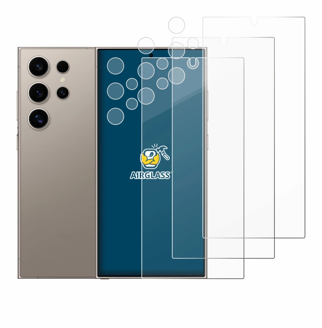 Abbildung des Geräts Samsung Galaxy S24 Ultra (case-friendly) (Display+Kamera) mit einer Vielzahl des Displayschutzes.