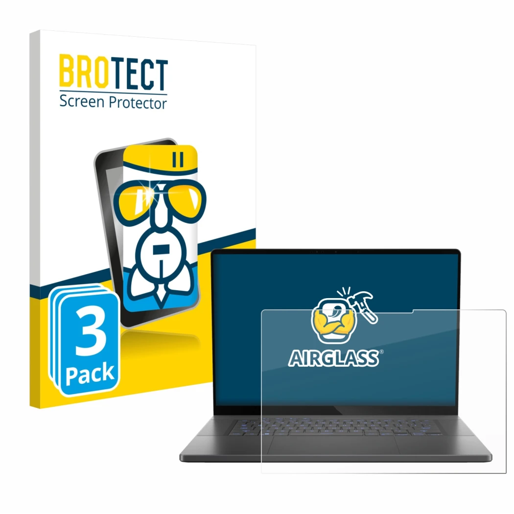 Vorderseite einer Produktverpackung mit dem Markenlogo BROTECT. Daneben ist das Gerät ASUS ROG Zephyrus G16 2024 mit dem zugeh