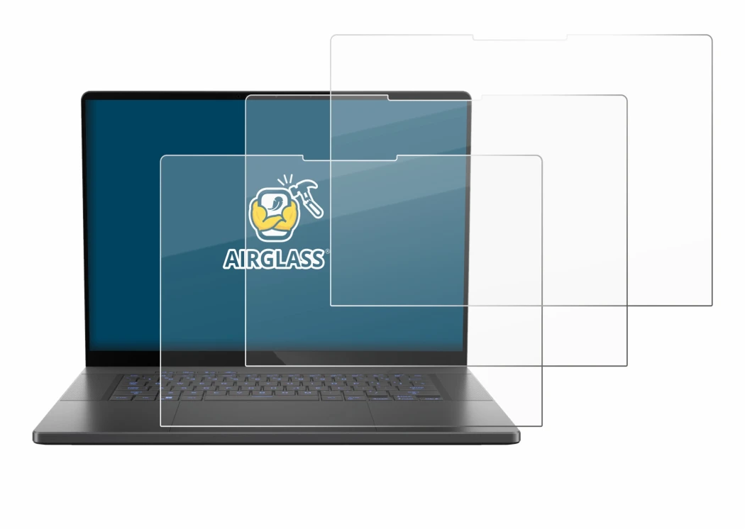 Abbildung des Geräts ASUS ROG Zephyrus G16 2024 mit einer Vielzahl des Displayschutzes.