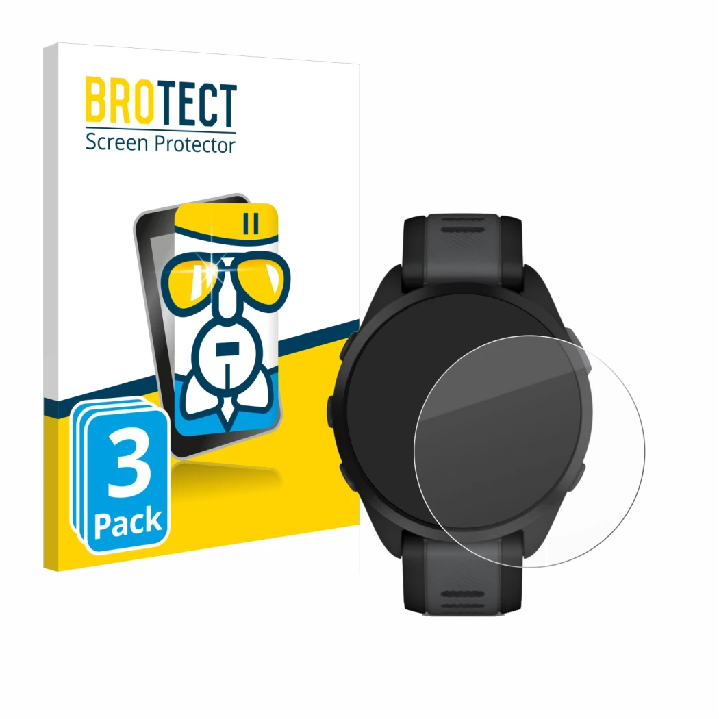 Vorderseite einer Produktverpackung mit dem Markenlogo BROTECT. Daneben ist das Gerät Garmin Forerunner 165 mit dem zugehörige