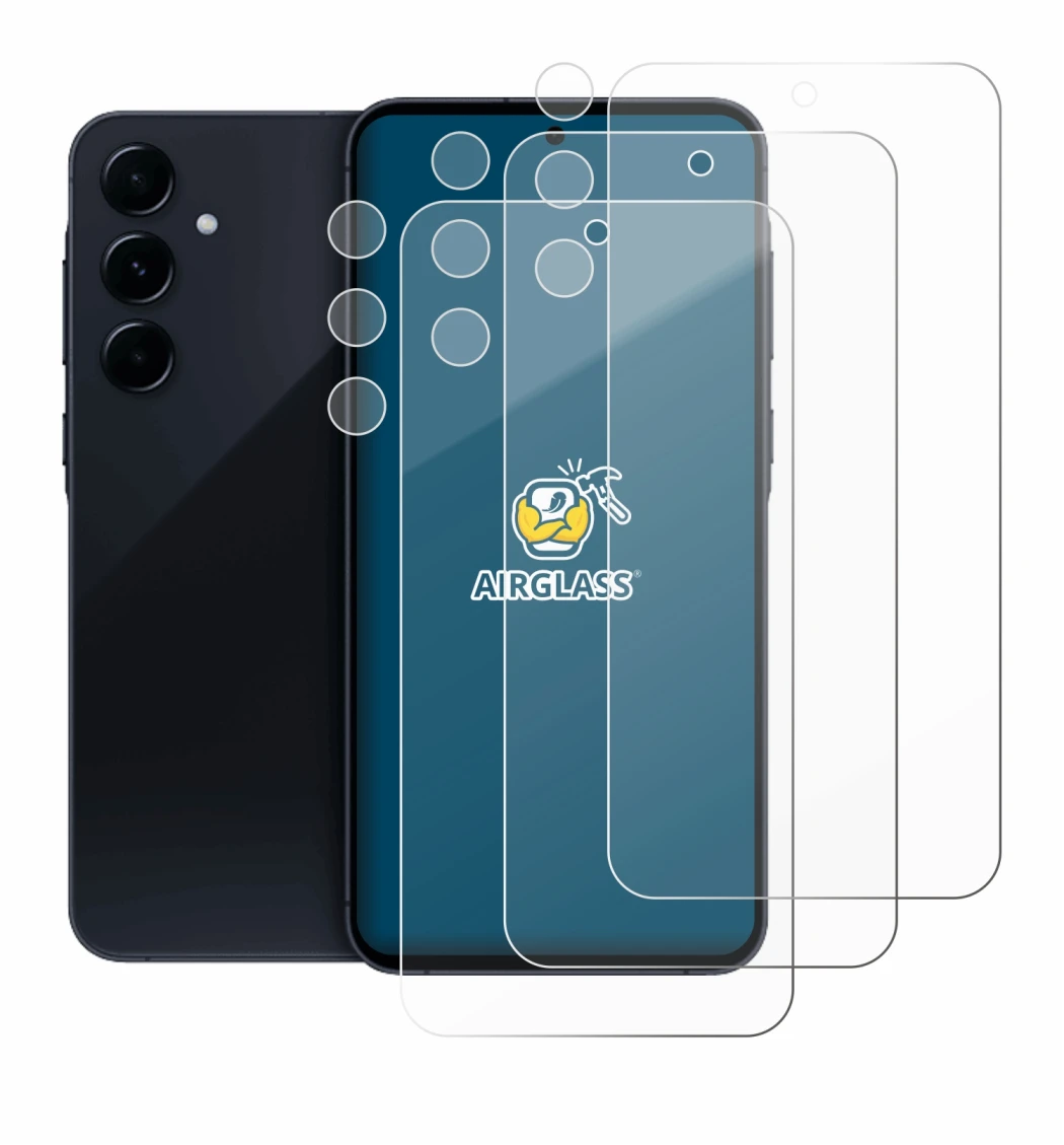 Abbildung des Geräts Samsung Galaxy A55 5G (Display+Kamera) mit einer Vielzahl des Displayschutzes.