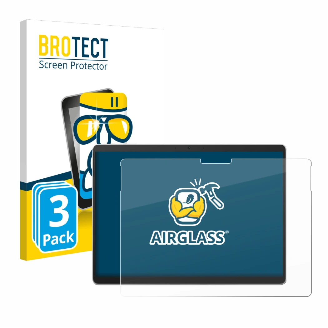 Vorderseite einer Produktverpackung mit dem Markenlogo BROTECT. Daneben ist das Gerät Microsoft Surface Pro 10 mit dem zugehör