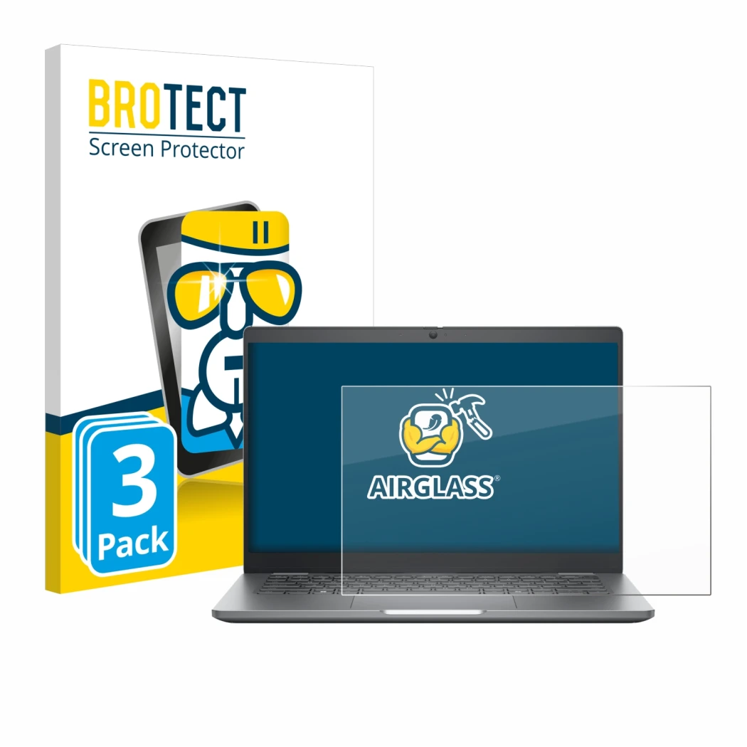 Vorderseite einer Produktverpackung mit dem Markenlogo BROTECT. Daneben ist das Gerät Dell Latitude 5350 Laptop mit dem zugehö