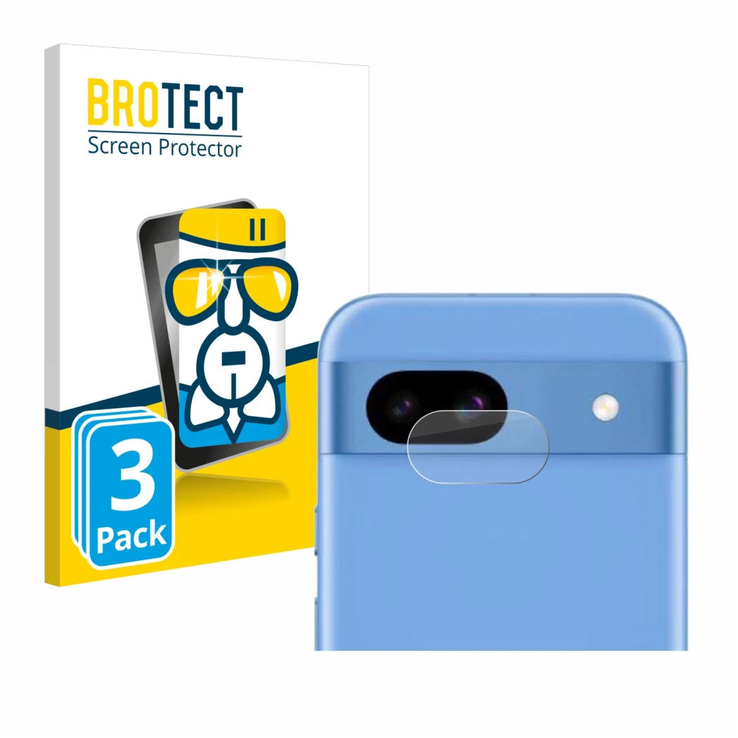 Vorderseite einer Produktverpackung mit dem Markenlogo BROTECT. Daneben ist das Gerät Google Pixel 8a (NUR Kameraschutz) mit d