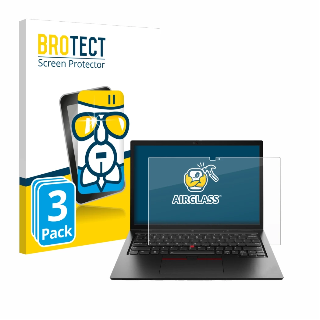 Vorderseite einer Produktverpackung mit dem Markenlogo BROTECT. Daneben ist das Gerät Lenovo ThinkPad L13 2-in-1 Gen 5 mit dem