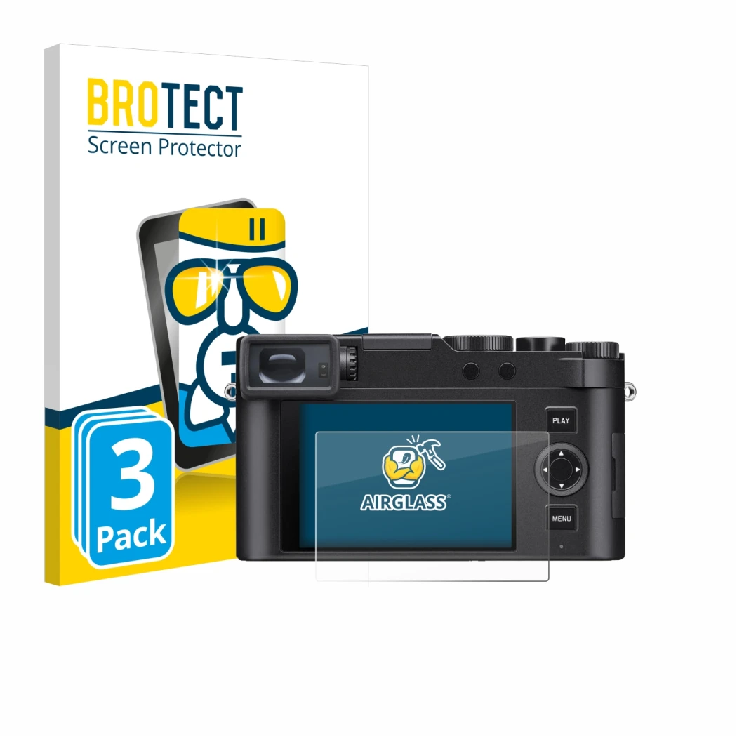 Vorderseite einer Produktverpackung mit dem Markenlogo BROTECT. Daneben ist das Gerät Leica D-Lux 8 mit dem zugehörigen Displa