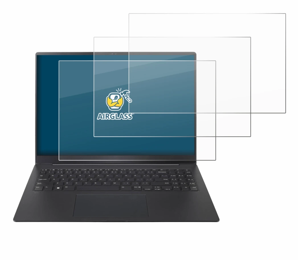 Abbildung des Geräts LG gram Pro 16 2024 mit einer Vielzahl des Displayschutzes.