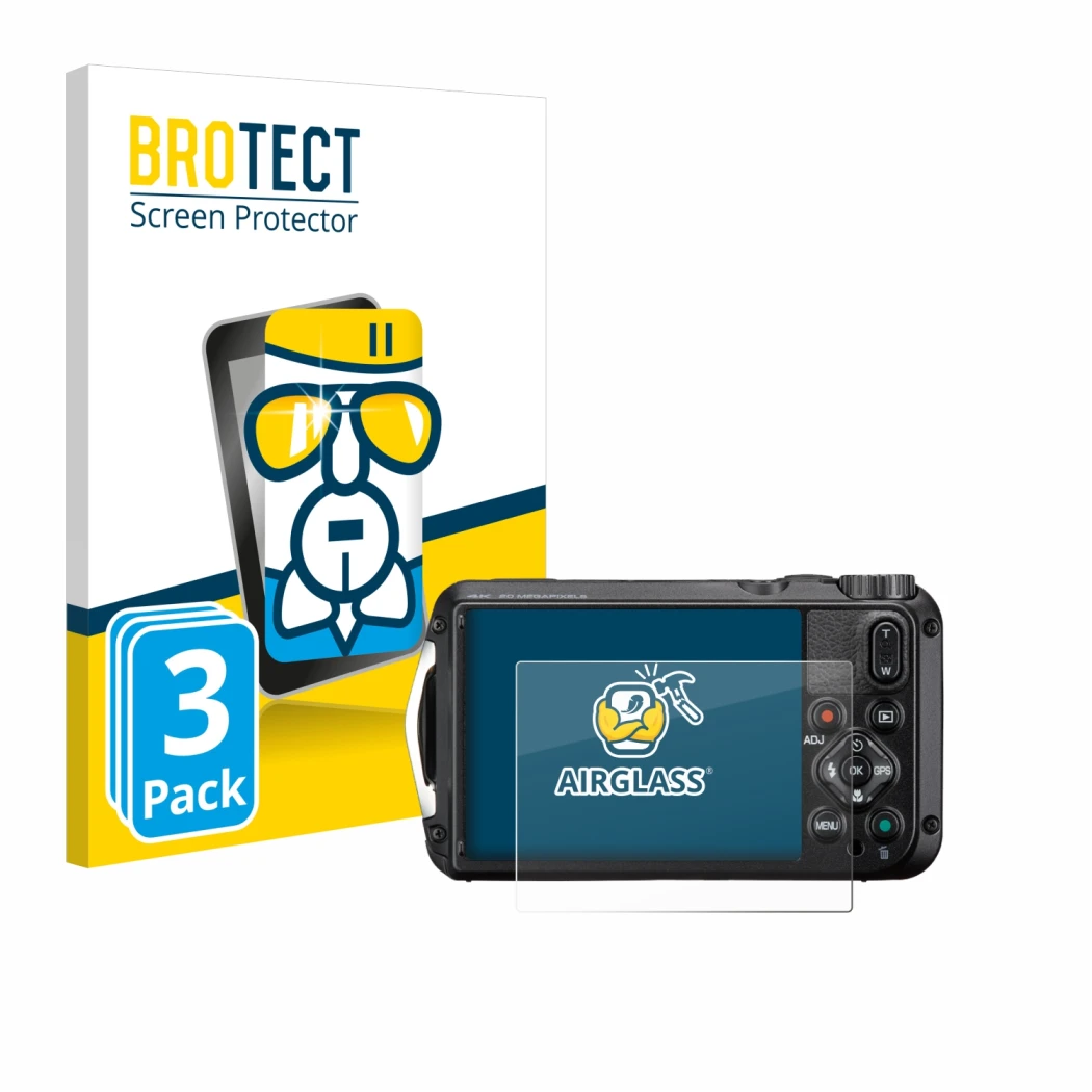 Vorderseite einer Produktverpackung mit dem Markenlogo BROTECT. Daneben ist das Gerät Ricoh Pentax WG-8 mit dem zugehörigen Di