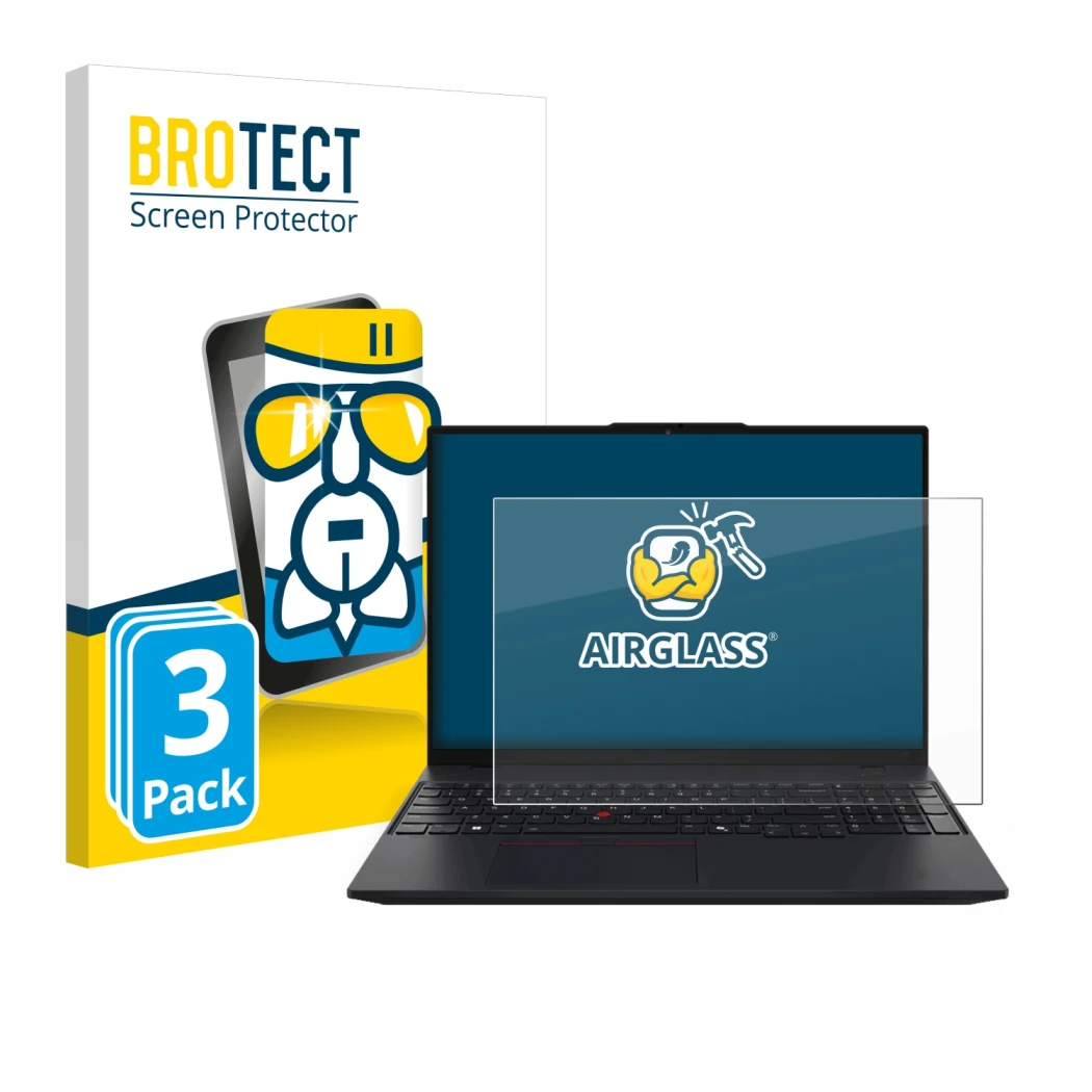 Vorderseite einer Produktverpackung mit dem Markenlogo BROTECT. Daneben ist das Gerät Lenovo ThinkPad L16 Gen 1 mit dem zugehö