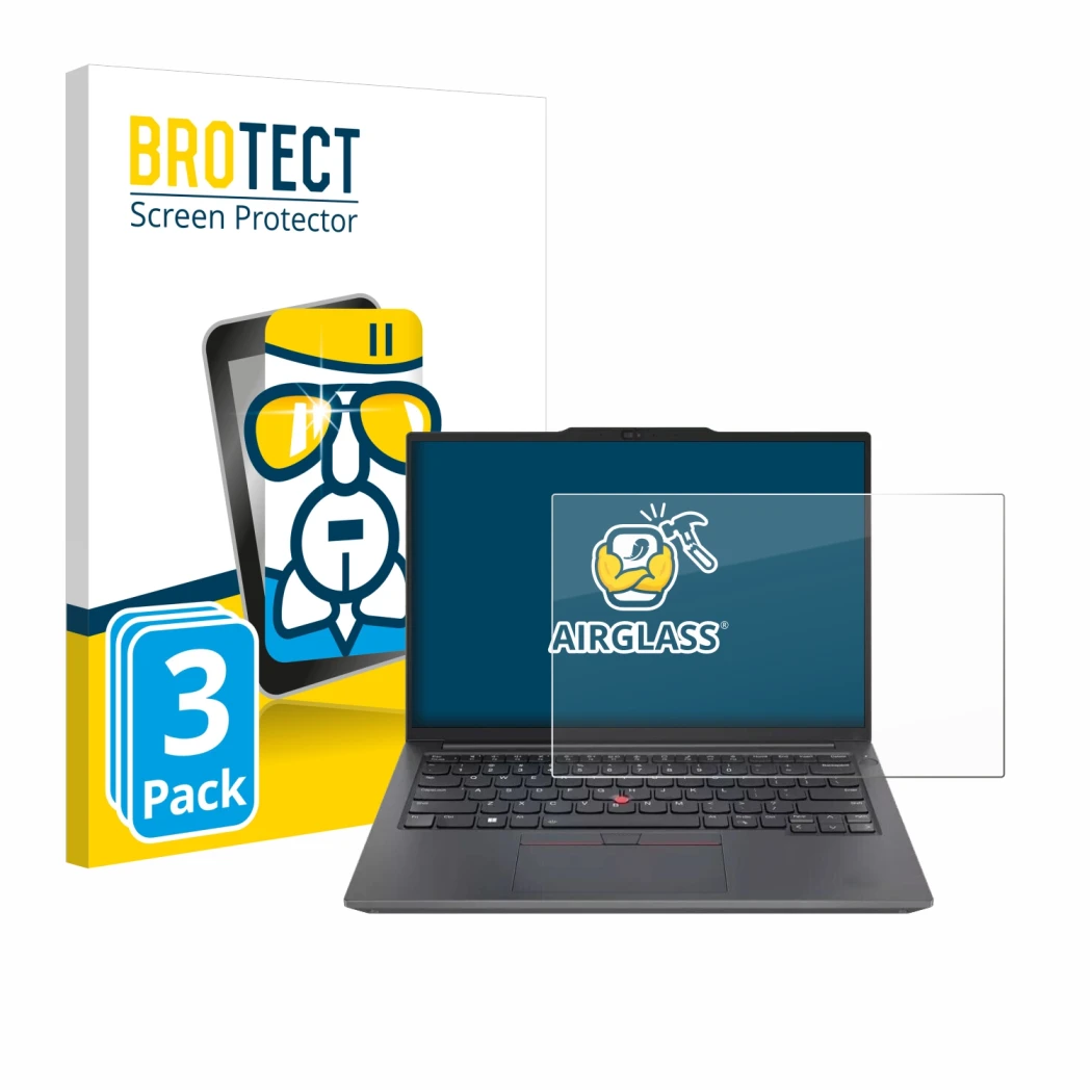 Vorderseite einer Produktverpackung mit dem Markenlogo BROTECT. Daneben ist das Gerät Lenovo ThinkPad E14 Gen 6 mit dem zugehö