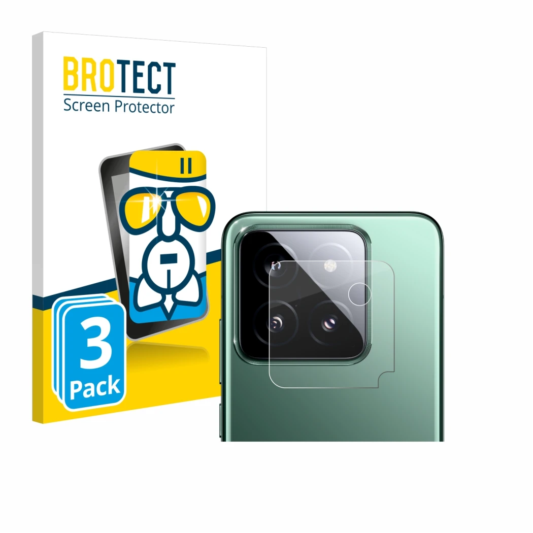 Vorderseite einer Produktverpackung mit dem Markenlogo BROTECT. Daneben ist das Gerät Xiaomi 14 (NUR Kameraschutz) mit dem zug