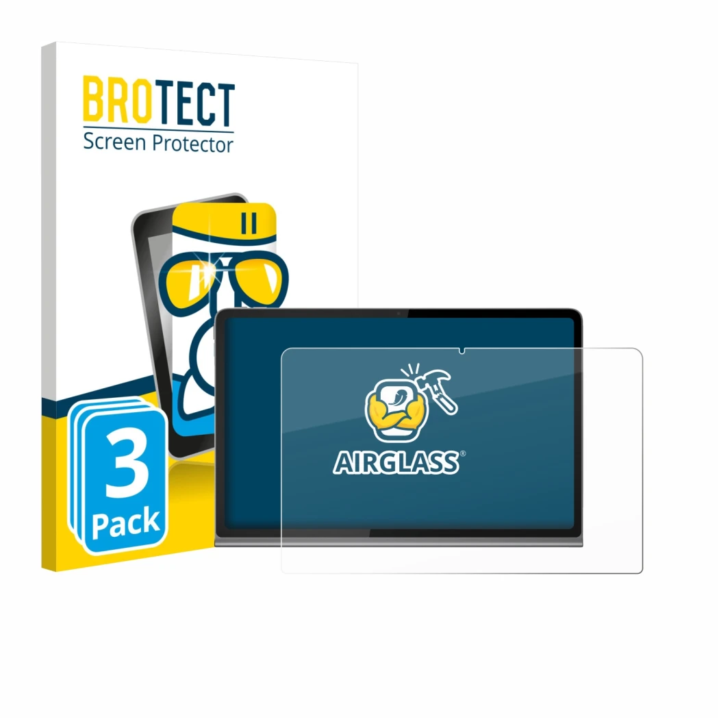 Vorderseite einer Produktverpackung mit dem Markenlogo BROTECT. Daneben ist das Gerät Lenovo Tab Plus mit dem zugehörigen Disp