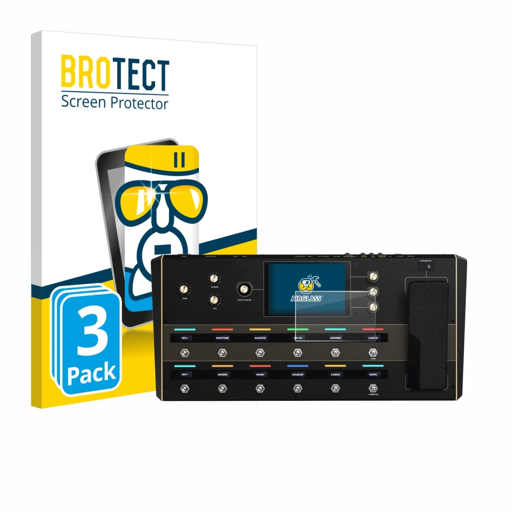 Vorderseite einer Produktverpackung mit dem Markenlogo BROTECT. Daneben ist das Gerät Headrush Prime mit dem zugehörigen Displ