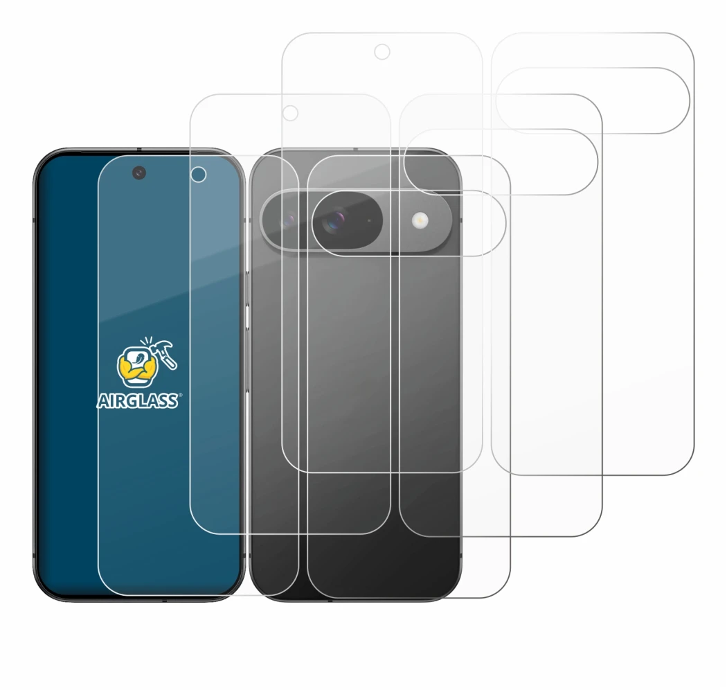 Abbildung des Geräts Google Pixel 9 (Display+Rückseite) mit einer Vielzahl des Displayschutzes.