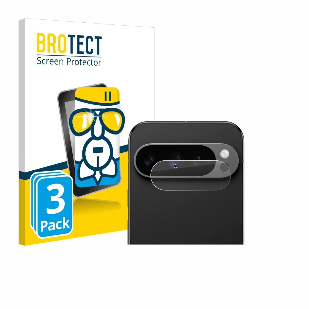 Vorderseite einer Produktverpackung mit dem Markenlogo BROTECT. Daneben ist das Gerät Google Pixel 9 Pro (NUR Kameraschutz) mi