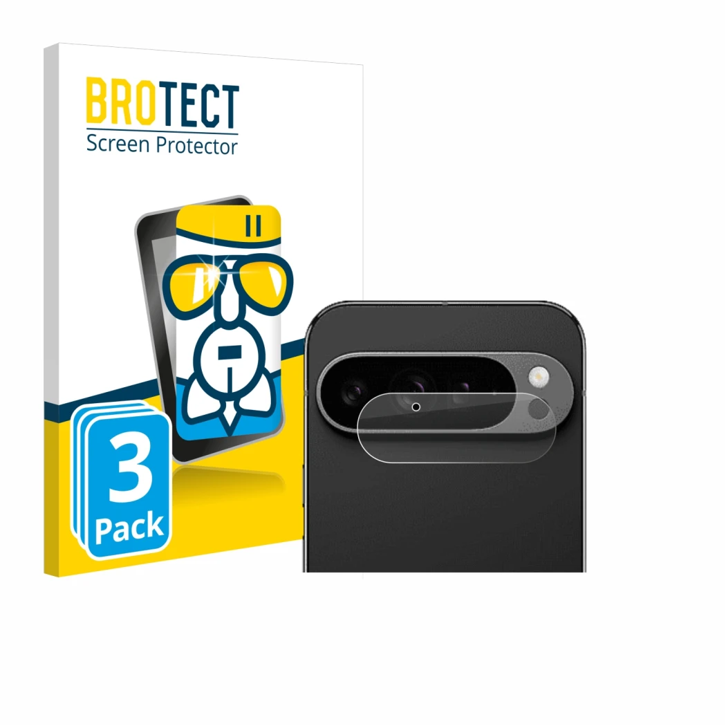 Vorderseite einer Produktverpackung mit dem Markenlogo BROTECT. Daneben ist das Gerät Google Pixel 9 Pro XL (NUR Kameraschutz)