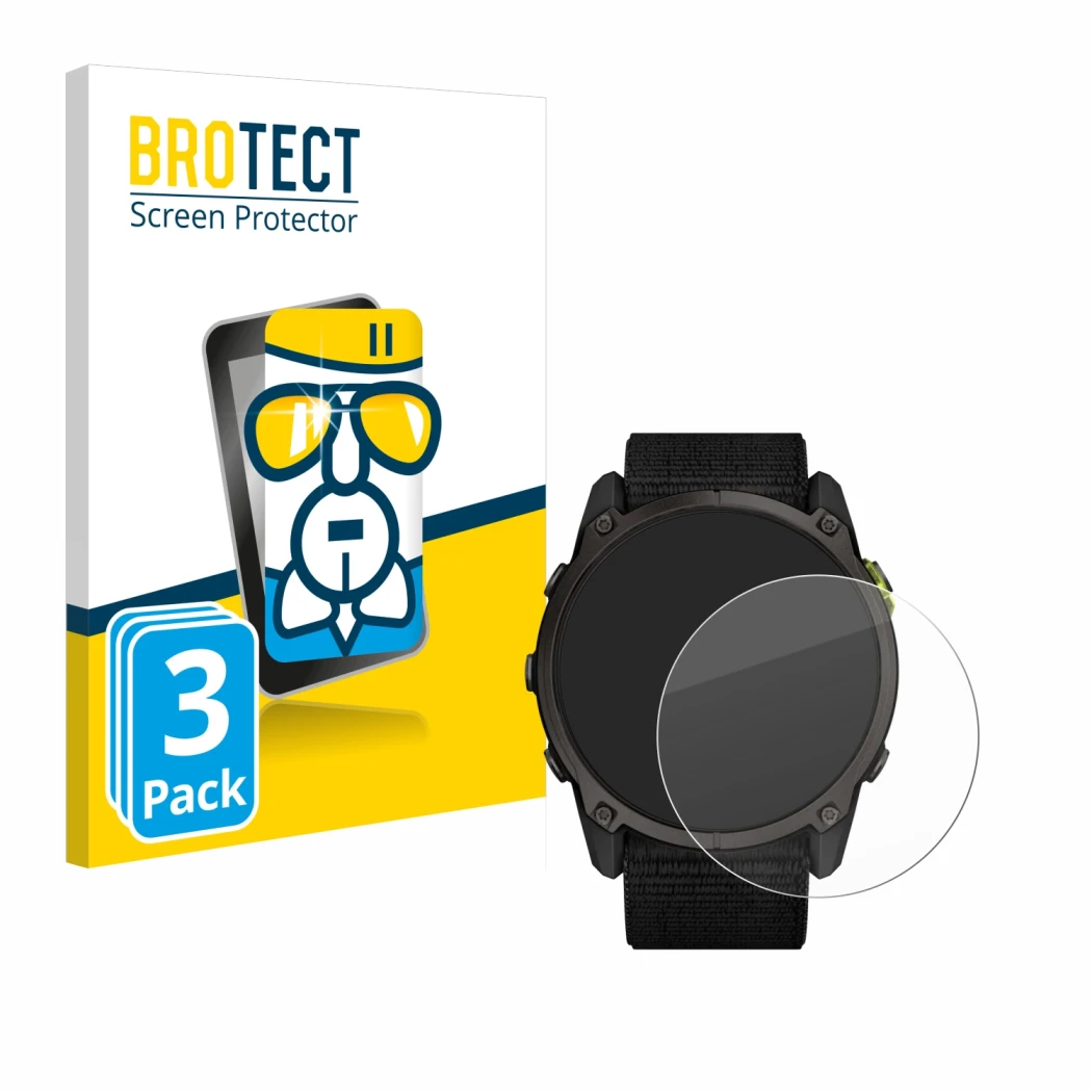Vorderseite einer Produktverpackung mit dem Markenlogo BROTECT. Daneben ist das Gerät Garmin Enduro 3 mit dem zugehörigen Disp