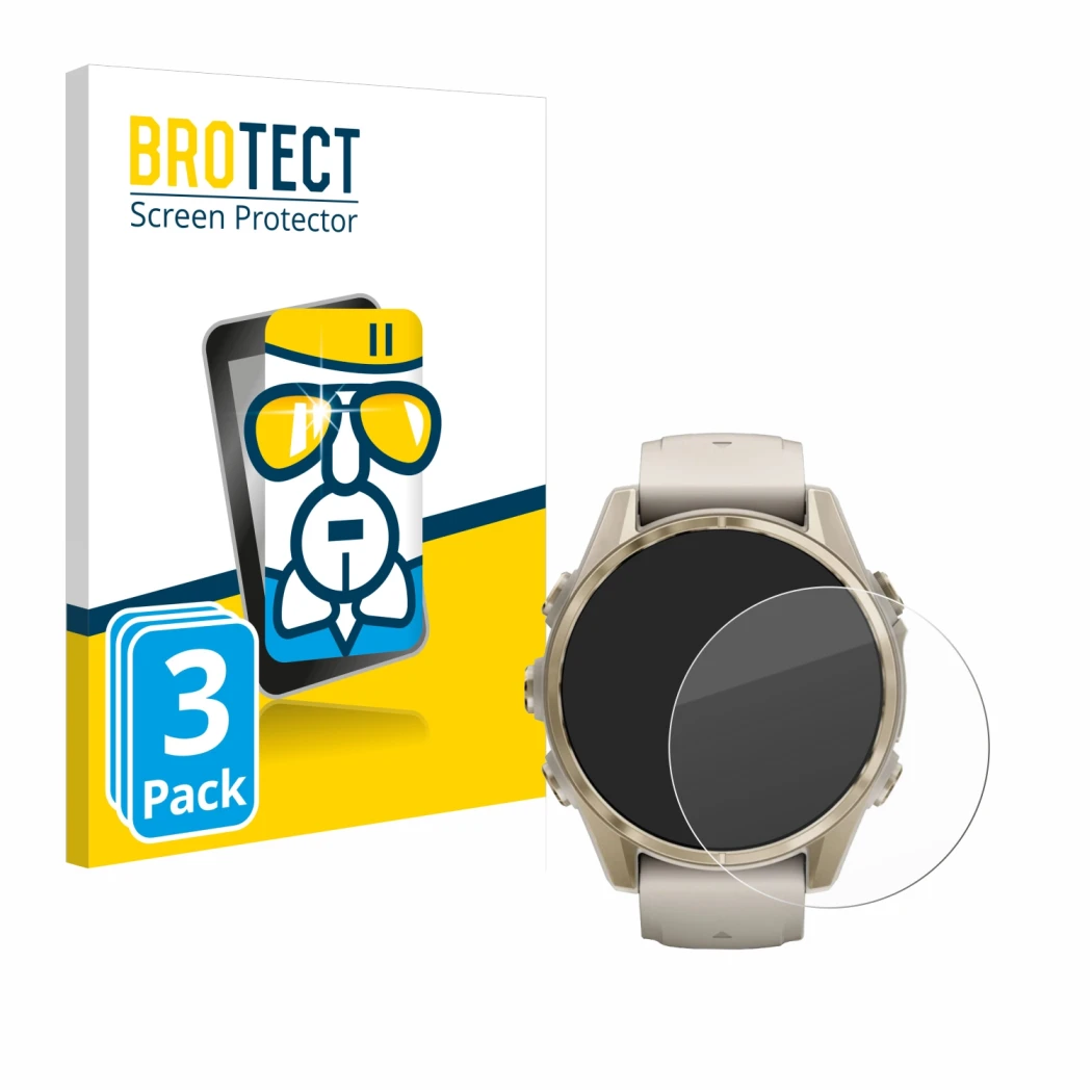 Vorderseite einer Produktverpackung mit dem Markenlogo BROTECT. Daneben ist das Gerät Garmin Fenix 8 (43 mm) mit dem zugehörig