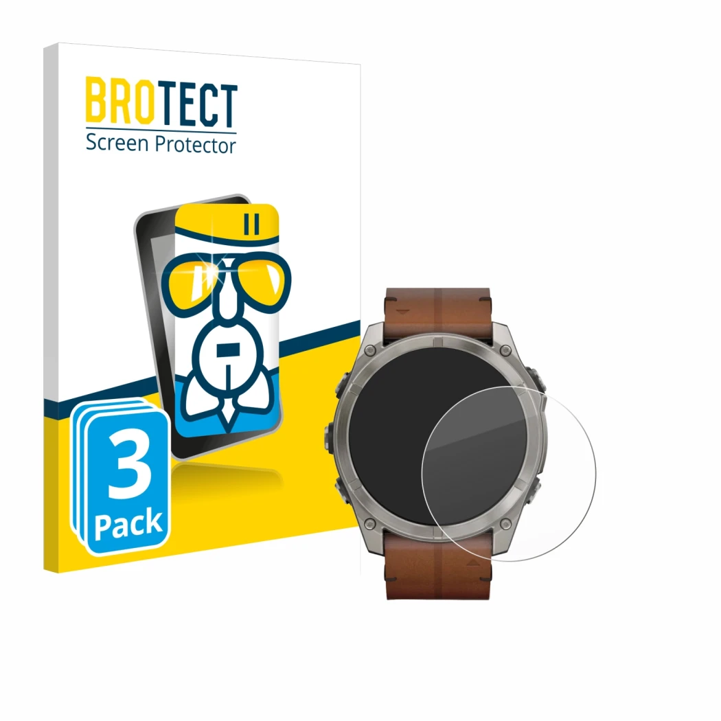 Vorderseite einer Produktverpackung mit dem Markenlogo BROTECT. Daneben ist das Gerät Garmin Fenix 8 AMOLED (51 mm) mit dem zu