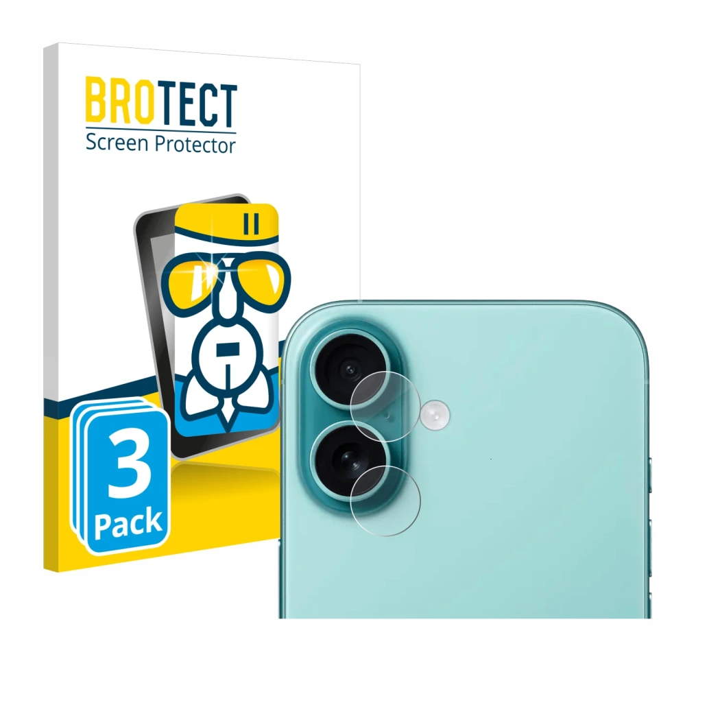 Vorderseite einer Produktverpackung mit dem Markenlogo BROTECT. Daneben ist das Gerät Apple iPhone 16 (NUR Kameraschutz) mit d