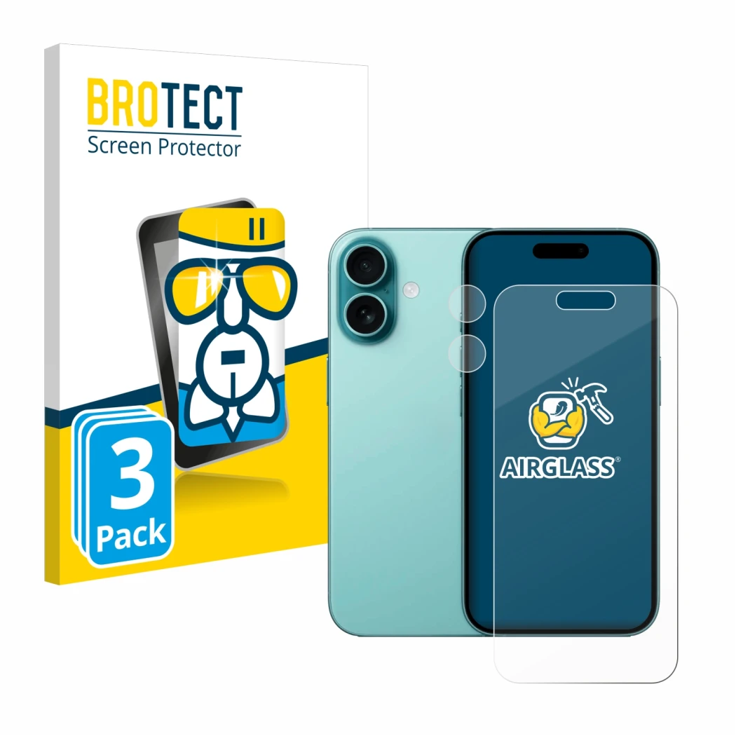 Vorderseite einer Produktverpackung mit dem Markenlogo BROTECT. Daneben ist das Gerät Apple iPhone 16 (Display+Kamera) mit dem