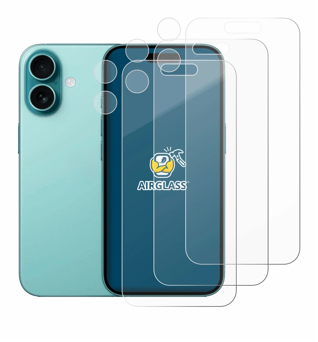 Abbildung des Geräts Apple iPhone 16 (Display+Kamera) mit einer Vielzahl des Displayschutzes.