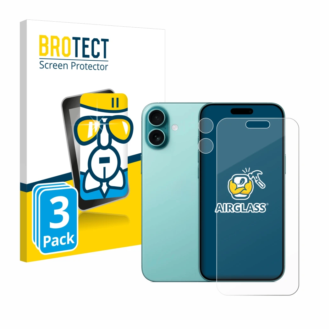 Vorderseite einer Produktverpackung mit dem Markenlogo BROTECT. Daneben ist das Gerät Apple iPhone 16 Plus (Display+Kamera) mi