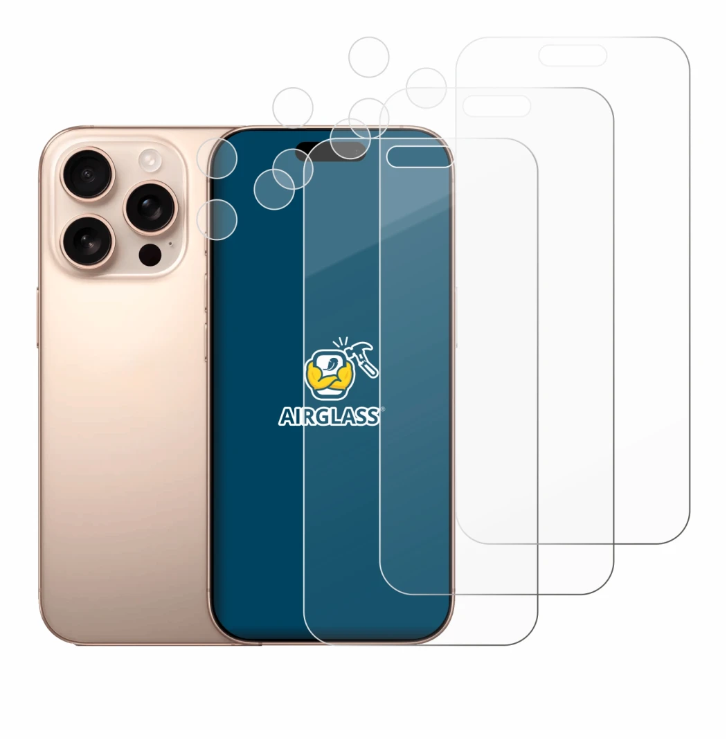 Abbildung des Geräts Apple iPhone 16 Pro Max (Display+Kamera) mit einer Vielzahl des Displayschutzes.