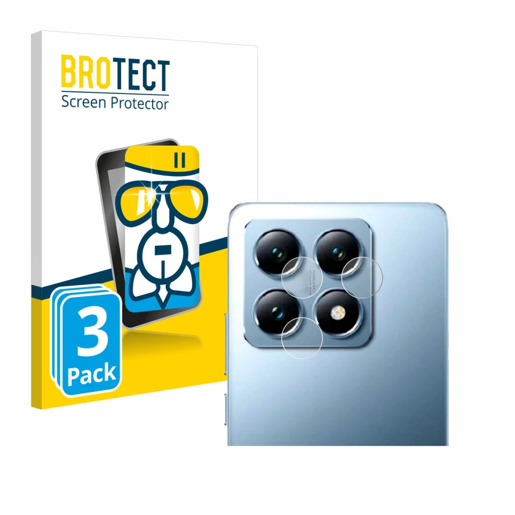 Vorderseite einer Produktverpackung mit dem Markenlogo BROTECT. Daneben ist das Gerät Xiaomi 14T Pro (NUR Kameraschutz) mit de